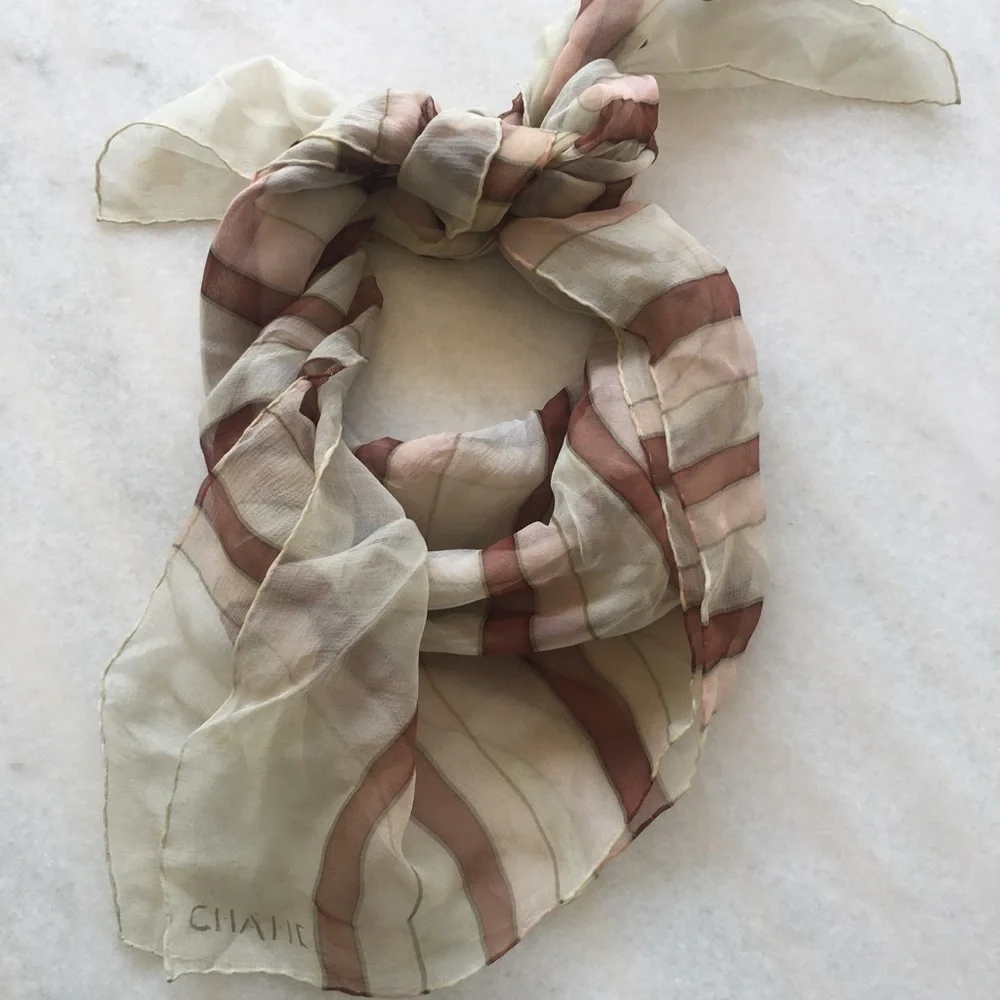 CHANEL Silk Striped Scarf in Blush & Ivory